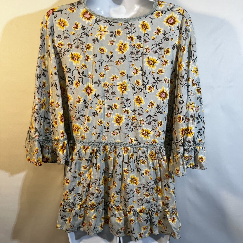Angie Womens Top Blue Rayon Floral Boho Bat Wing Festival Hippie V-Neck Size Med - Picture 2 of 7